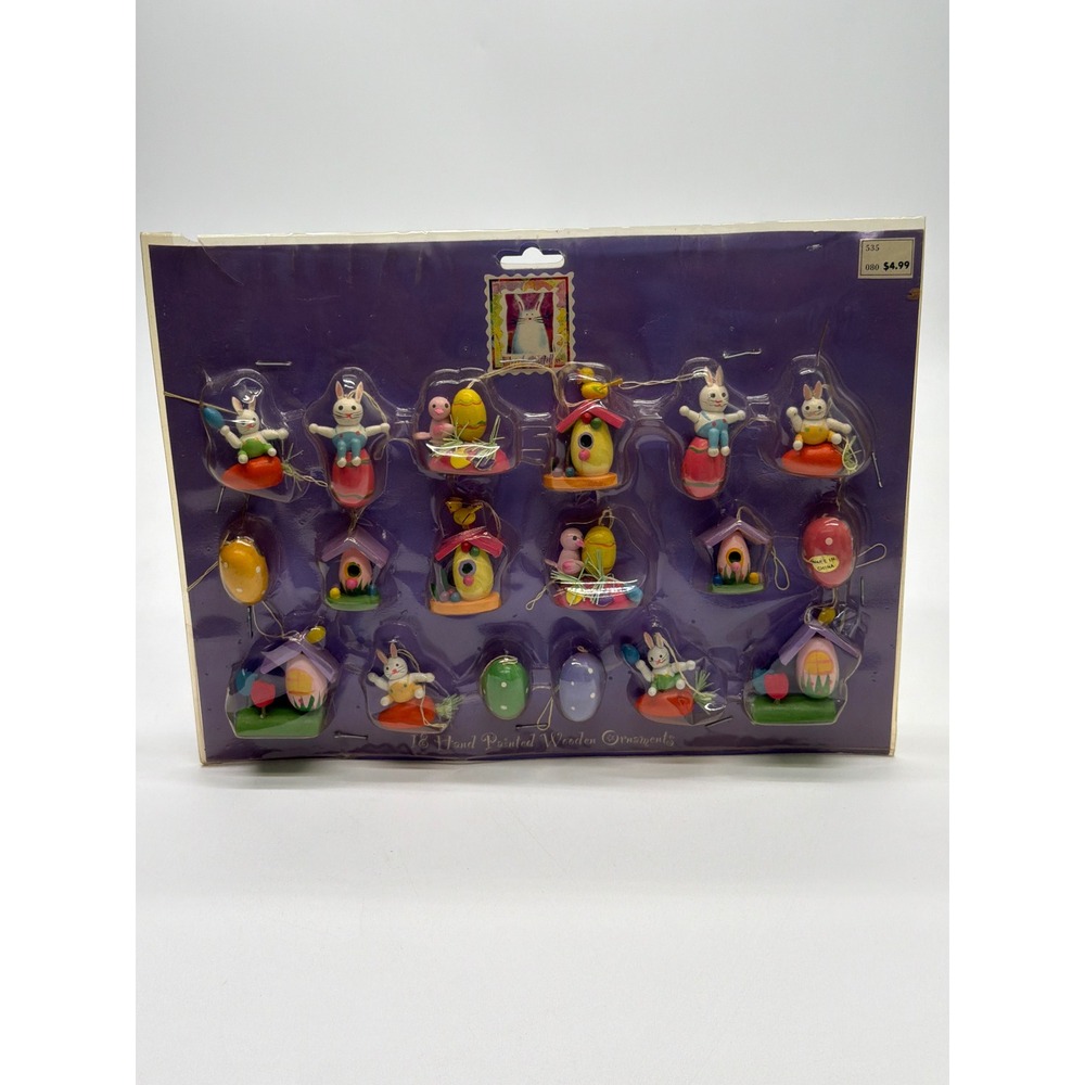 Vintage 1995 Seasonal Specialties 18 Hand Painted Wooden Easter Ornaments Set